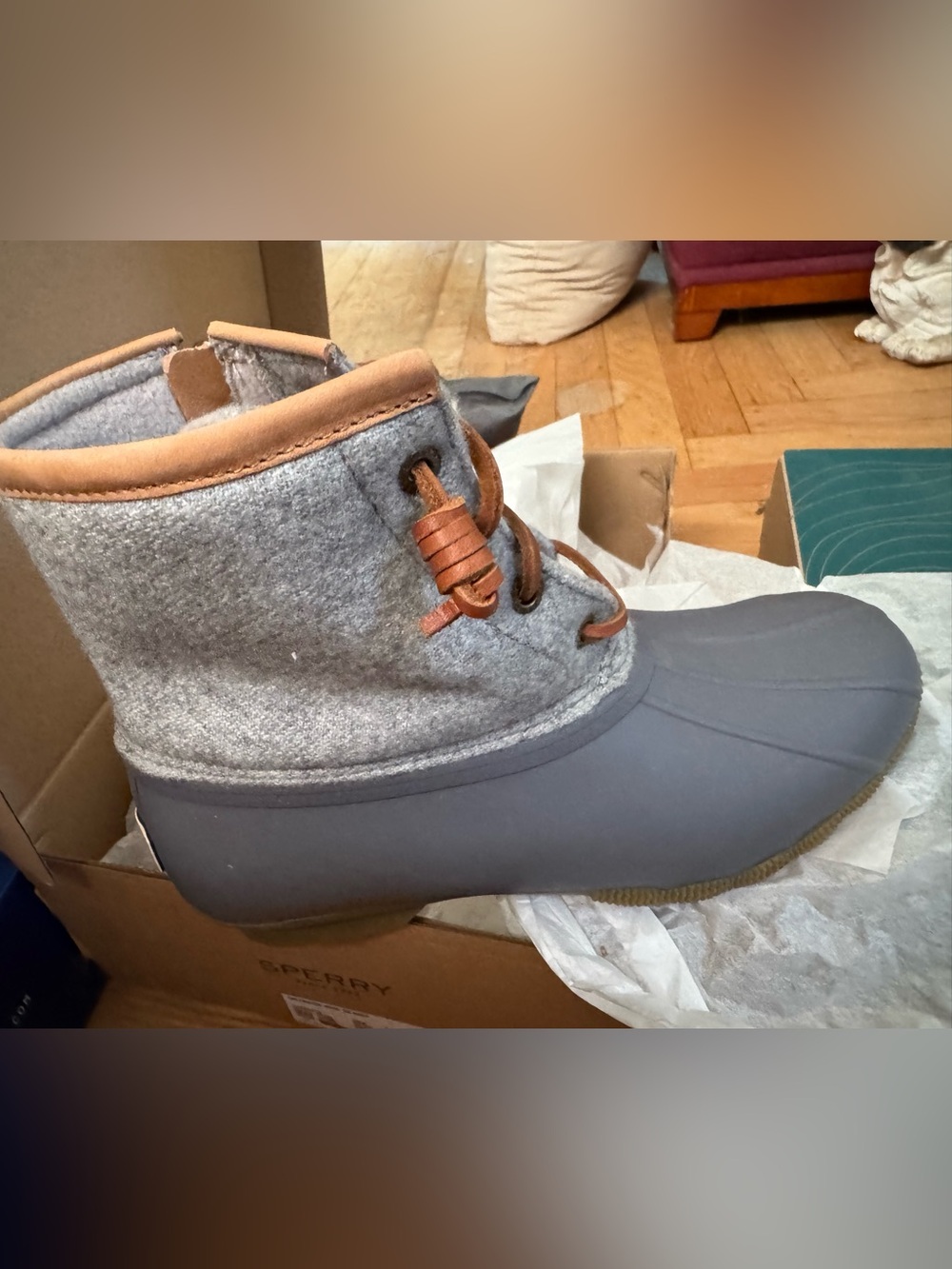 Sperry Saltwater Wool Duck Boot Box — Dark Gray with Tan Accents